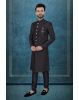 Black Textured Jacquard Sherwani  with Silver Buttons