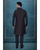 Black Textured Jacquard Sherwani  with Silver Buttons