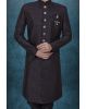 Black Textured Jacquard Sherwani  with Silver Buttons