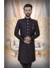 Black Textured Jacquard Sherwani  with Silver Buttons