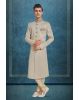 Dusty White & Gold Printed Silky Jacquard Sherwani