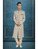 Dusty White & Gold Printed Silky Jacquard Sherwani