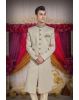 Dusty White & Gold Printed Silky Jacquard Sherwani