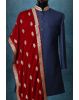 Cherry Red Classic Grooms Shawl With Golden Motif Details