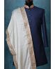Pearl White Minimal Grooms Shawl With Golden Border Details