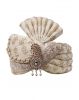 Golden Motif Printed Off White Classic Turban With White And Golden Beads