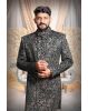 asymmetrical cut jacquard in green indowestern