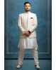 White Textured Grooms Sherwani With Elegant Threadwork Details