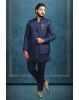 Blue Jaquard Fabric Heavy Jodhpuri With Matte Black Inner Kurtha And Matching Pants