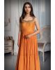 Saffron Mirror Embroidered Cotton Anarkali Gown Detailed Beeds Zardozi Work With Multicolour Printed Hem