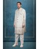 White Jaquard Fabric Heavy Sherwani With Golden Threadwork,Matching Pants And White Shawl
