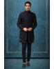 Navy Blue Jaquard Fabric Heavy Sherwani With Textured Inner Kurtha And Matching Pants