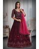 Dark wine colour pure fabric gown with heavy threadwork  with majentha pink dupatta