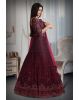 Dark wine colour pure fabric gown with heavy threadwork  with majentha pink dupatta