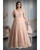 Pastel peach mirror work net gown with exquisite detailing on yoke and dupatta in same colour