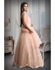 Pastel peach mirror work net gown with exquisite detailing on yoke and dupatta in same colour