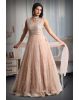 Pastel peach mirror work net gown with exquisite detailing on yoke and dupatta in same colour