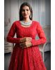 Cherry red colour shimmery full sleeve gown with thread work