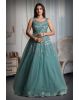 Cyan Blue Colour Sleeveless Gown With Stone Work Detailing On Yoke And Same Colour Dupatta