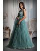 Cyan Blue Colour Sleeveless Gown With Stone Work Detailing On Yoke And Same Colour Dupatta