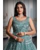 Cyan Blue Colour Sleeveless Gown With Stone Work Detailing On Yoke And Same Colour Dupatta