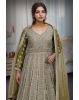 Olive Green Full Sleeve Gown With Heavy Stone Work And Mirror Work Details