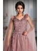 Dark Mauve Heavy Net Gown With Heavy Handwork Details And Shoulder Embellished With Feathers