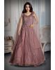 Dark Mauve Heavy Net Gown With Heavy Handwork Details And Shoulder Embellished With Feathers