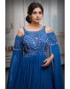 Navy Blue Cold Shoulder Gown With Extended Cape Sleeve Details