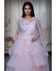 Pastel Peach Layered Net Gown With Detailed Work In Yoke Part