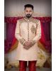 Hand Dubka Embroidered Blended Fabric In Beige Sherwani