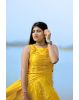 Golden Yellow Sleeveless Satin Gown With Double Panel Tails