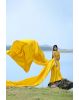 Golden Yellow Sleeveless Satin Gown With Double Panel Tails