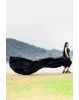 Black Satin Sleeveless Gown With Minimal Yoke And Flarey Back Tail