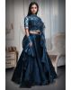 Dark Blue Frilled Lehenga With Stone Worked Crop Top Along With Frilled Dupatta