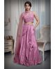 Dark Pink Indowestern Draped Skirt With Crop Top And Single Side Cape