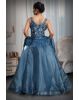Cerulean Blue Ball Gown With Exquisite Threadwork Details Along With Same Color Veil