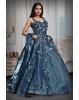 Cerulean Blue Ball Gown With Exquisite Threadwork Details Along With Same Color Veil