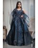 Dark Blue Frilled Gown With Heavy Embellished Front Yoke And Frilled Dupatta