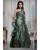Dark Sage Green Frilled Gown With Stone Worked Yoke Along With Frilled Dupatta