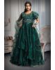 Peacock Green Frilled Gown With Heavy Embellished Front Yoke And Frills On Left Sleeve