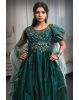 Peacock Green Frilled Gown With Heavy Embellished Front Yoke And Frills On Left Sleeve