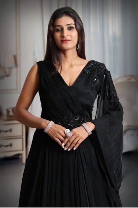 Black Colour Gerorgette Gown With Heavy Work And Single Sleeve In Fall Drape With Stone Work Detailing