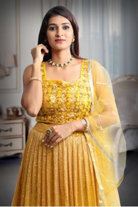 Yellow Colour Sleeveless Lehenga With Detailed Sequin Work , Jarkan Work And Embroidery And Same Colour Dupatta