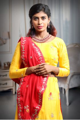 Cut Beads Handworked Yellow Lehenga Skirt With Minimal Design Blouse And Handworked Red Dupatta