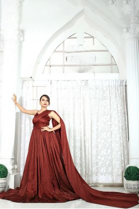 Rosewood Sleeveless Gown with Pleated Shoulder Extended Tail