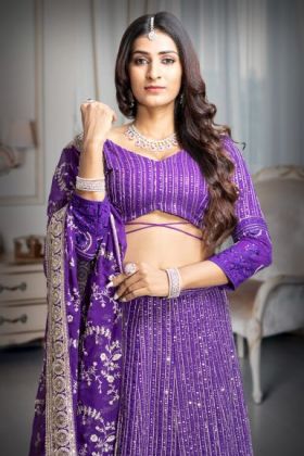 Iris Violet Heavy Embellished Lehenga With Threadwork and Sequin work With Deepcut Blouse with Midriff Floss and Matching Dupatta