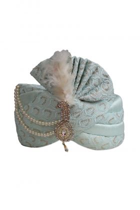 Light Blue Sequin Work Turban With Mothi and Feather Embellishment