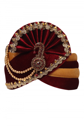 Maroon And Yellow Orange Double Color Interlined Turban With Golden Beads Embellishment