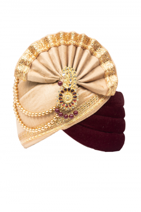 Maroon And Ivory Double Coloured  Turban With Golden Border And Ivory Beads Embellishment